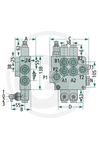 Obrázok pre Hydraulický monoblokový ventil dvojčinný P80 2x DW, A-B uzavřený, zpětná pružina