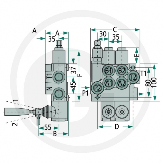 Obrázok pre Hydraulický monoblokový ventil dvojčinný P40 2x DW, A-B uzavřený, zpětná pružina