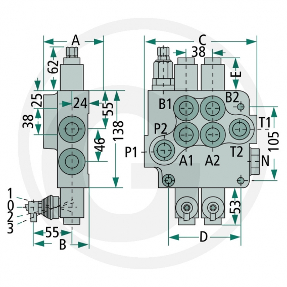 Obrázok pre Hydraulický monoblokový ventil dvojčinný P80 2x DW, A-B uzavřený, zpětná pružina
