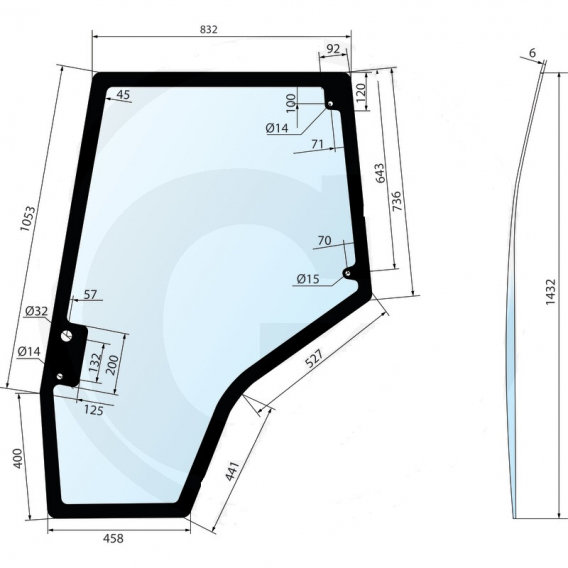 Obrázok pre Sklo dveří u podlah s tunelem levé na traktor Massey Ferguson série 5400 šedé tónování