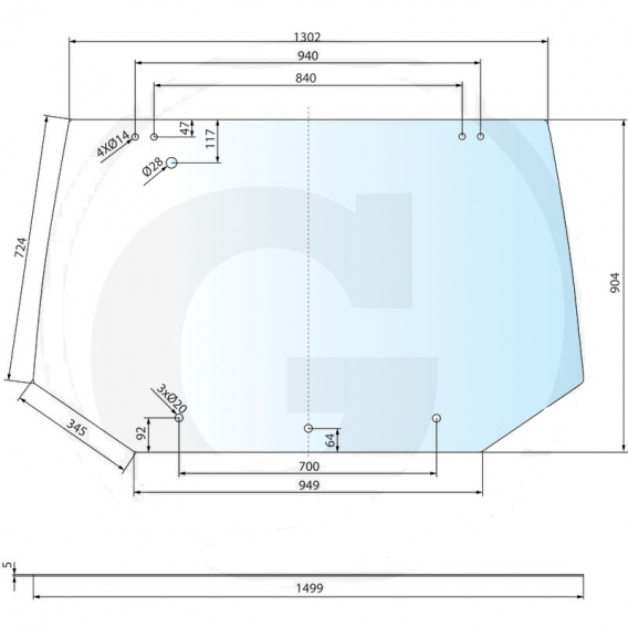 Obrázok pre Zadní sklo 1499 x 904 x 5 mm na traktor Ford 40