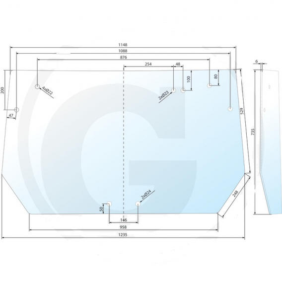 Obrázok pre Zadní sklo horní 1235 x 735 x 6 mm na traktor Deutz-Fahr, Hürlimann, Lamborghini, Same