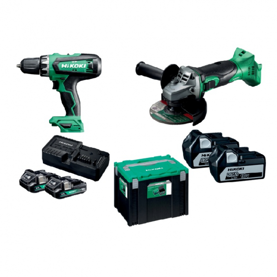 Obrázok pre Sada aku nářadí - vrtačka, úhlová bruska Hikoki včetně 4 ks baterií, nabíječky a kufru