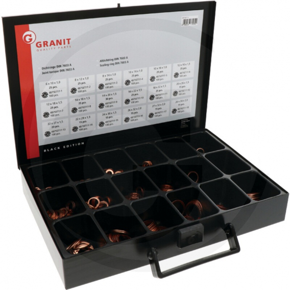 Obrázok pre Sada měděné těsnící kroužky DIN 7603 A 390 ks v kufru Granit BLACK EDITION organizér