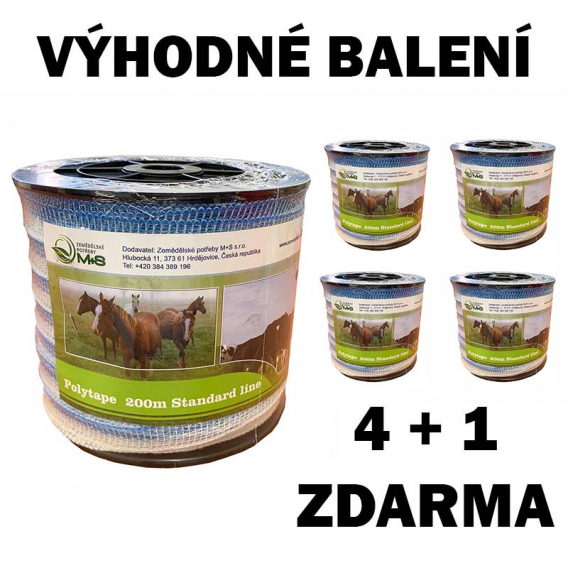 Obrázok pre Balení 4+1 ZDARMA - Modro-bílá ohradníková páska Standard line M+S 20mm/200m odpor 9 Ohm/m